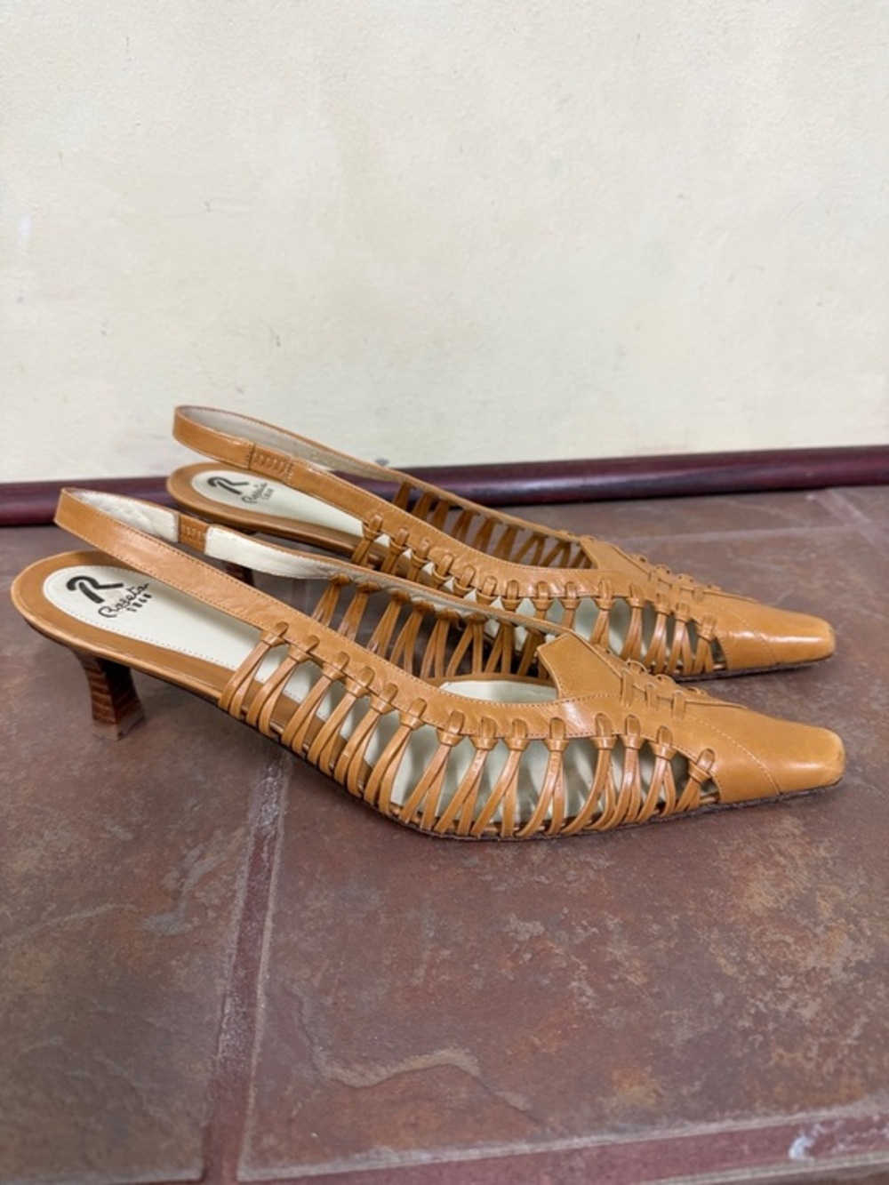 Roseta 1868 Leather Slingback Fisherman Weave Kitten Heels